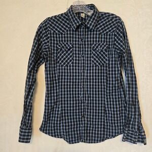 Walls Womens Black Blue Gingham Western Style Button Down Shirt Small Cotton